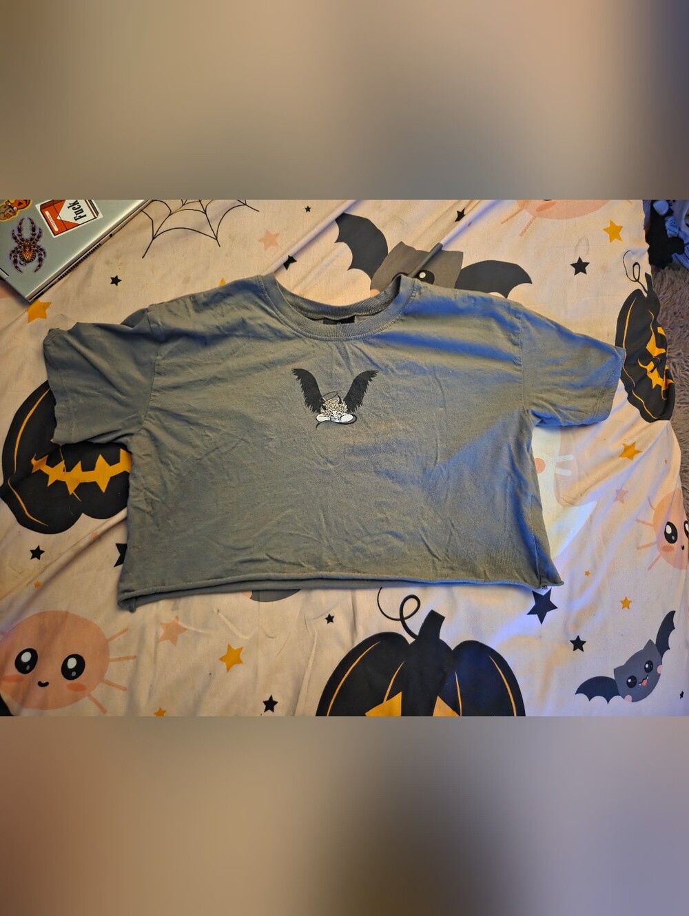 Empyre Women's Crop Tee in Sage Green with Black Graphic